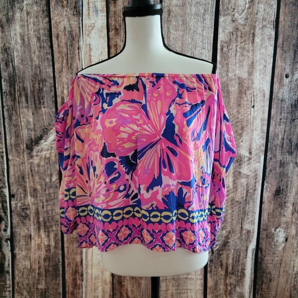 Lilly Pulitzer Size Medium 100% Silk Off Shoulder Bomb Shell Engineered Top - Picture 4 of 8